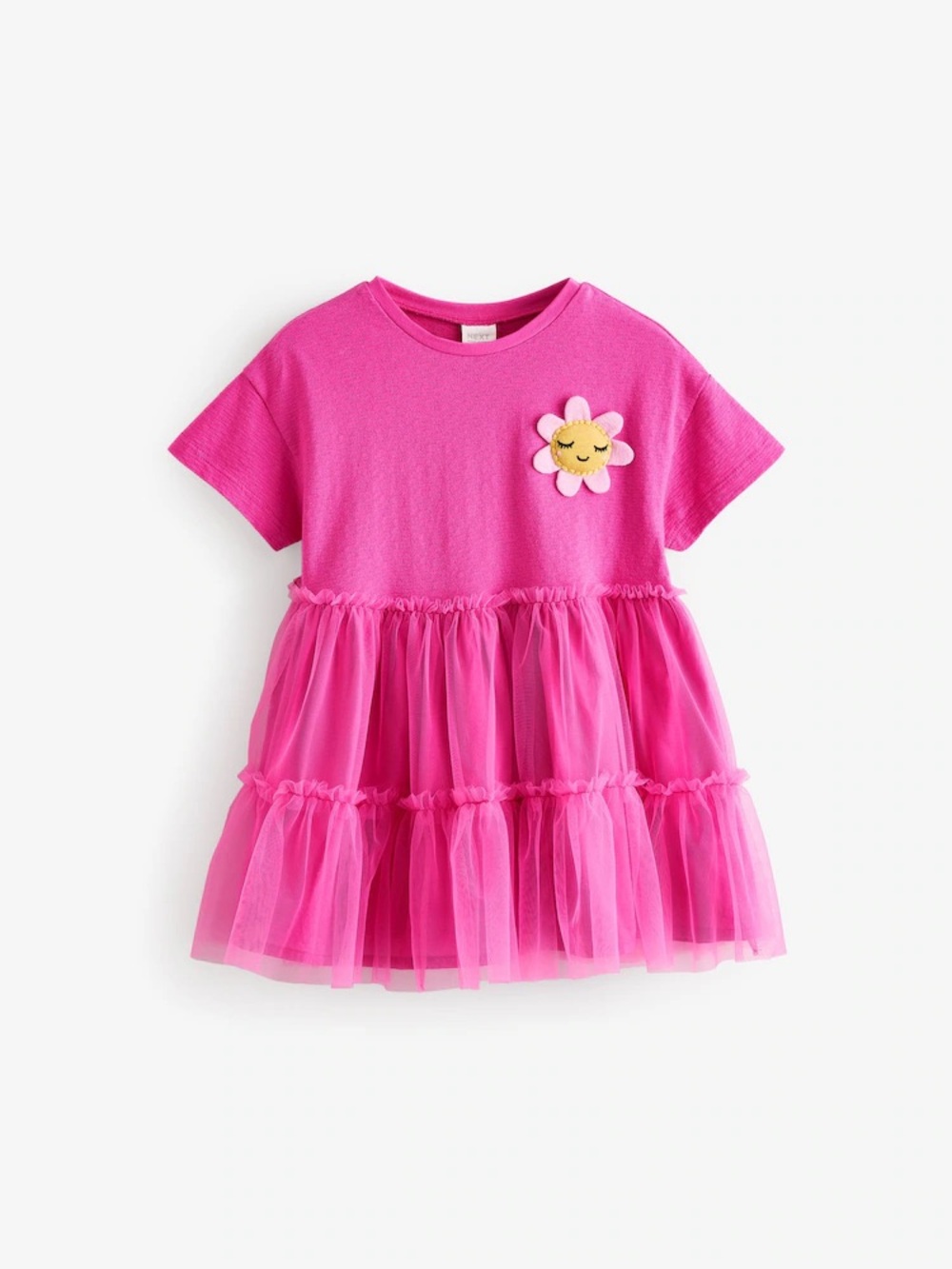 Next Toddler Girl Bright Pink Character Short Sleeve Mesh Dress Size 3-4 years